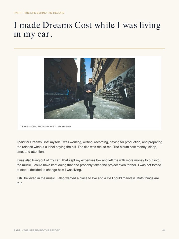 Book page about making Dreams Cost while living in a car
